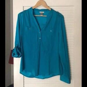 👠👚💙Cache Silk Blouse Long Sleeve Blue/Green Button Front Size Medium